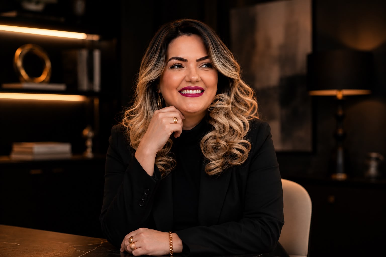 Aura Maria Abrão em fotografia editorial, transmitindo serenidade e autoridade espiritual