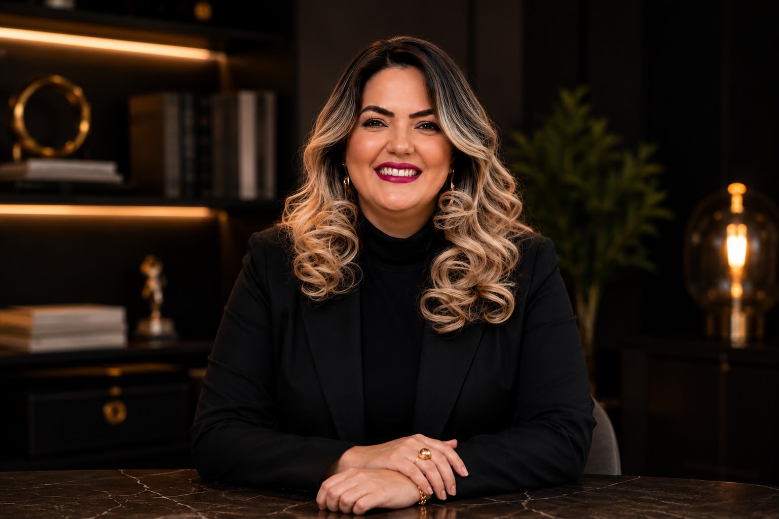 Aura Maria Abrão em seu escritório, em fotografia editorial com iluminação quente e sofisticada