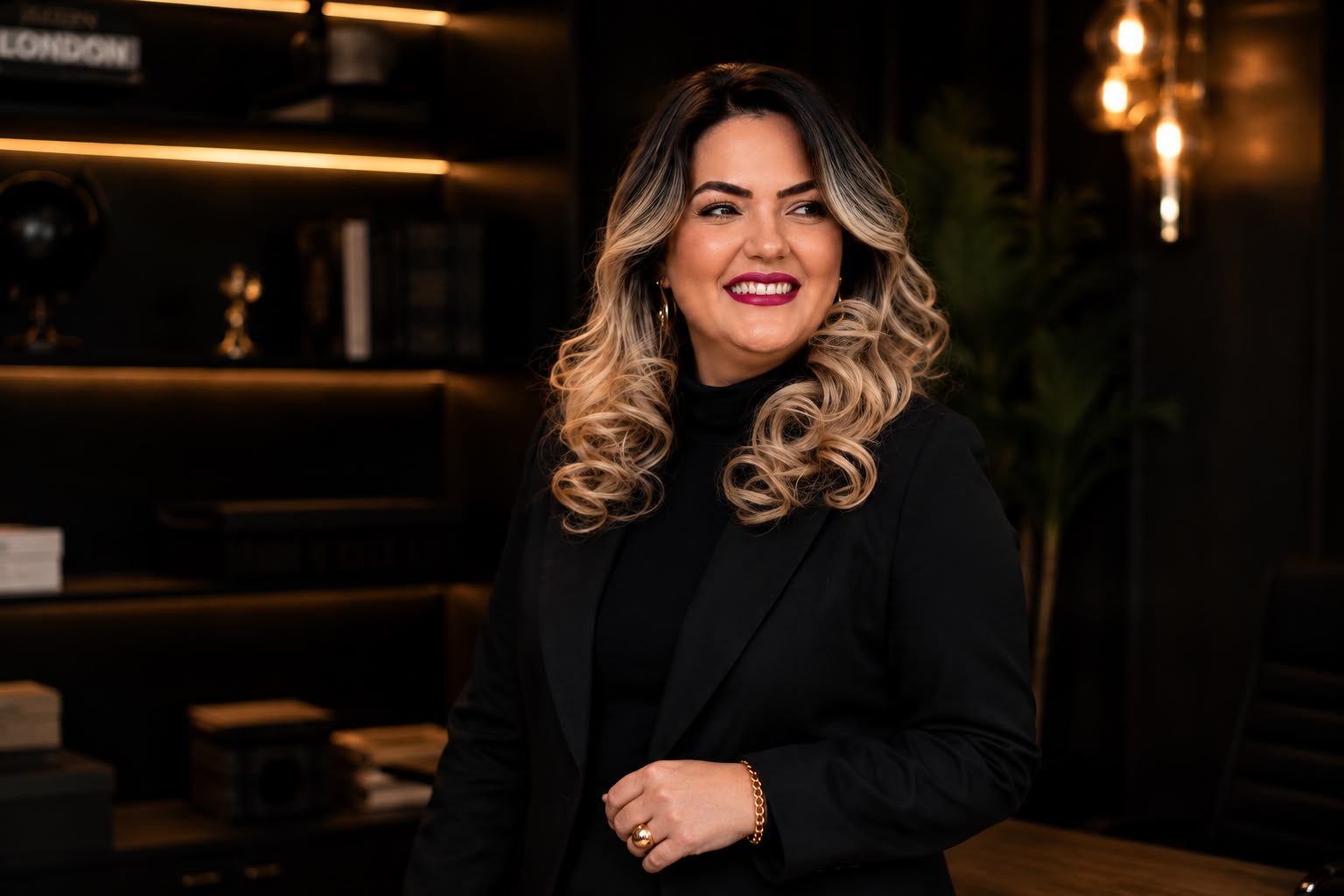 Aura Maria Abrão em retrato editorial de perfil, transmitindo autoridade e profundidade